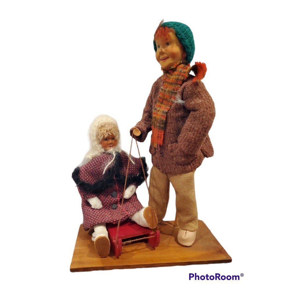 Vintage Handmade Etolia Stone Doll Hand-carved Wooden Face Wool Sledding Winter